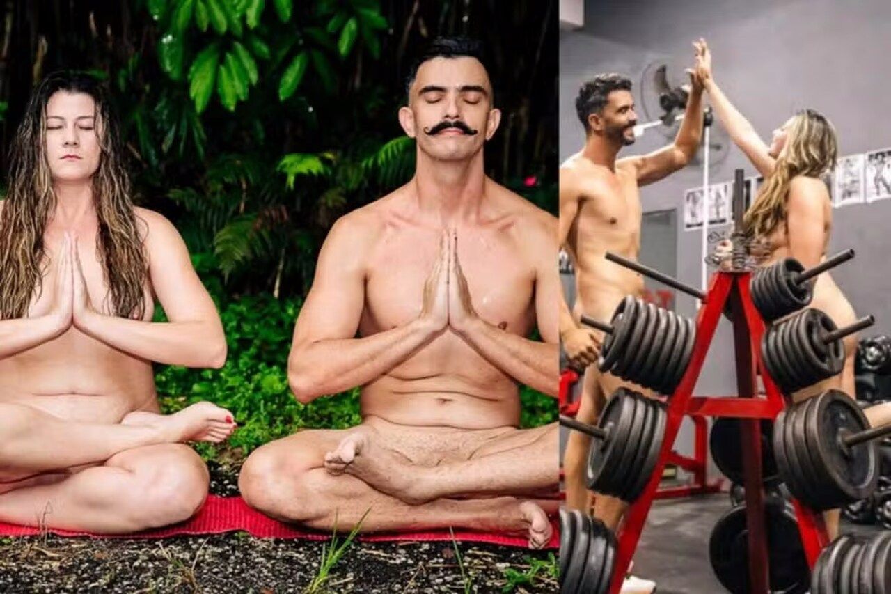 'Casal peladão' troca academia por yoga ao ar livre após preconceito por treinar sem roupa — Foto: Divulgação CO - Assessoria