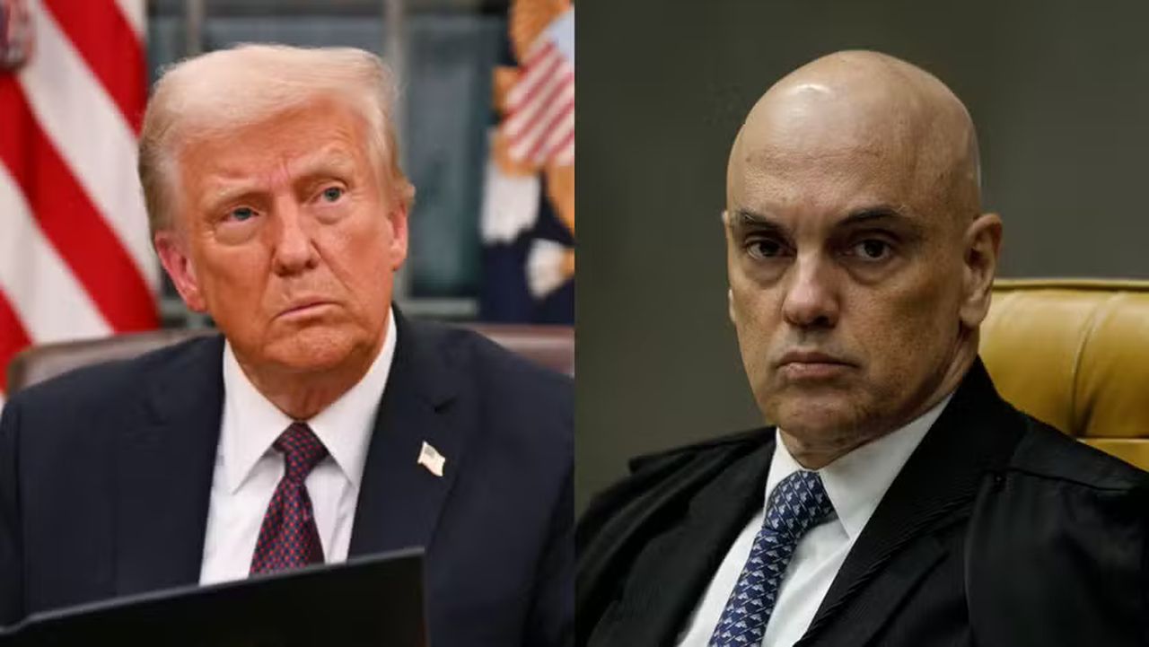 Presidente dos EUA, Donald Trump; e o ministro do STF, Alexandre de Moraes. — Foto: Jim WATSON / POOL / AFP e Brenno Carvalho / Agência O Globo