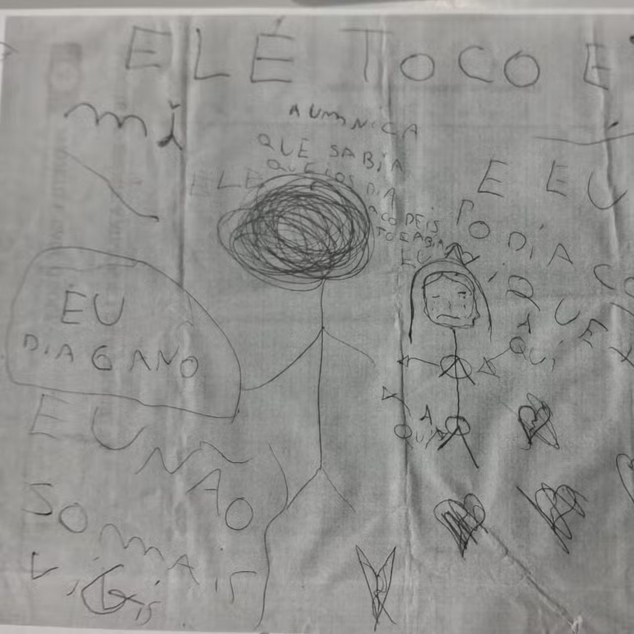 Desenho feito por criança de 11 anos denunciando abuso dos tios — Foto: Polícia Civil de Alagoas